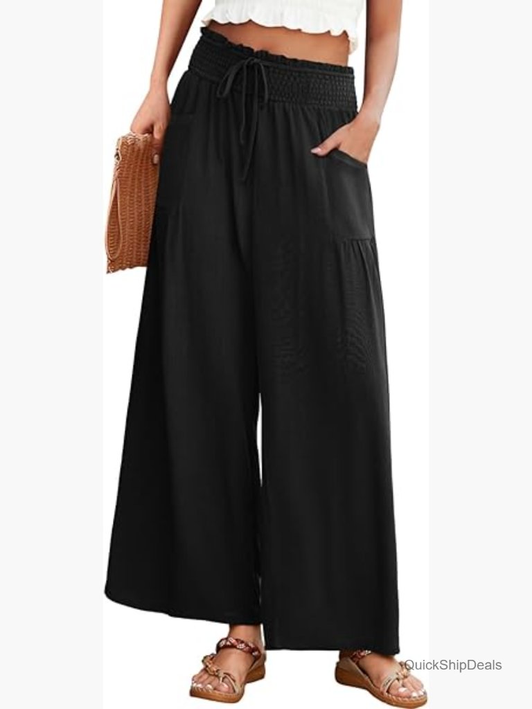 Linen Blend Palazzo Pants Wide Leg High Waist Drawstring Casual